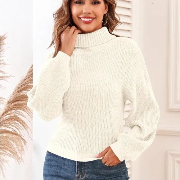 ZAFUL Women's Cropped Turtleneck Sweater Lantern Sleeve Ribbed Knit Pullover